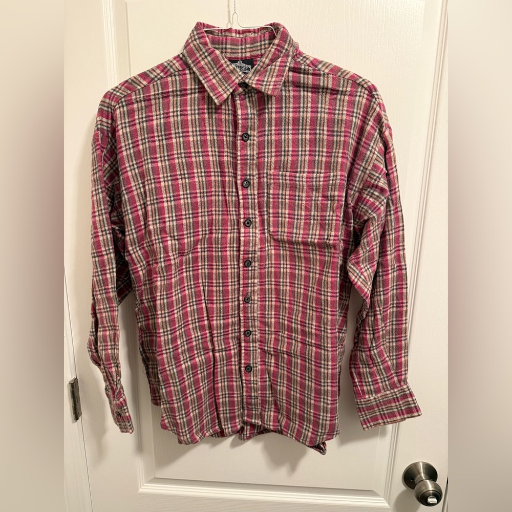 Angie Women’s Pink and Gray Plaid Flannel Shirt - Size L